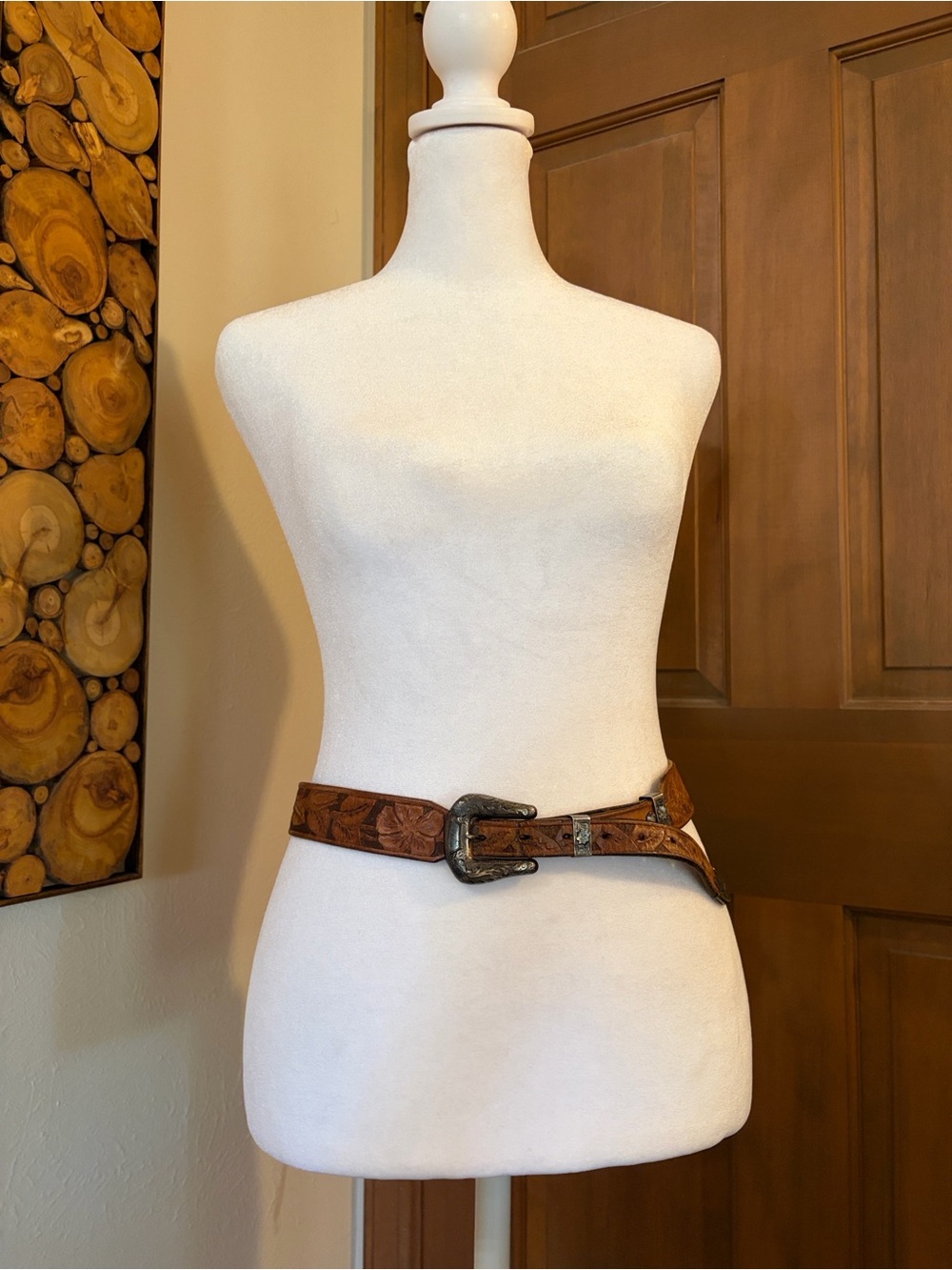 Vintage western tooled belt HIBCO 10k Sterling Silver Buckle Set carved leather